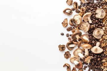 Poster - Coffee beans and mushrooms mixed together. Trendy superfood background