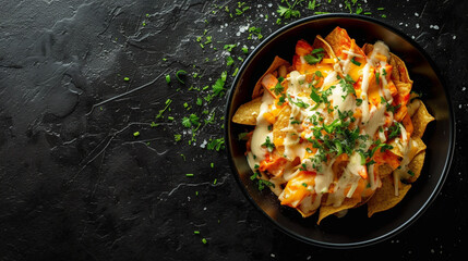 Wall Mural - An Alluring Photograph of Nachos with a Cheese Sauce Drizzle in a Bowl