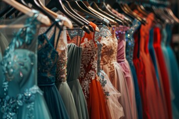 Wall Mural - Dress shop with various dresses hanging on hangers, including light pink and orange. Ball gown Chiffon glitter outfits. Bridesmaid dresses.