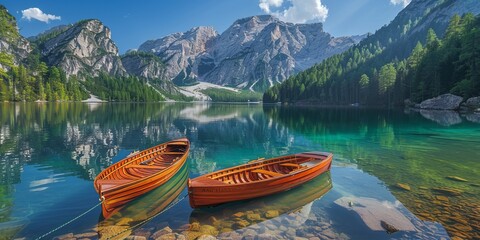 Wall Mural - image of wooden boats on a serene alpine lake with mountain reflections