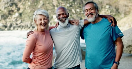 Canvas Print - Senior friends, hug and workout with smile on face by ocean with support, diversity or training in summer. Men, woman and happy in portrait with embrace, solidarity or exercise in fitness club by sea