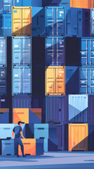 Modern Warehouse Operations: Worker Preparing Shipment in Busy Container Terminal