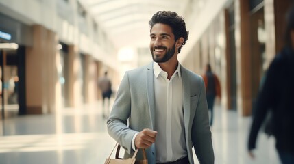 Confident businessman in blue suit smiling and walking briskly in modern office building, holding a leather bag.