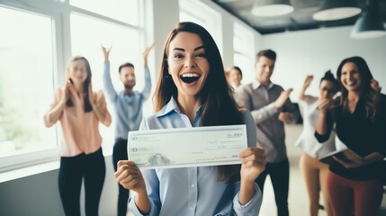 Excited woman holding a check in a modern office, celebrating success with colleagues clapping and cheering in the background.