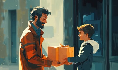 illustration of a father gives his son a gift in a box