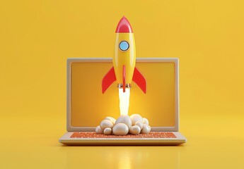 Wall Mural - Startup idea. Launch of spaceship and 3d rocket from notebook display. Business technology. Creative marketing and success. Clear yellow background