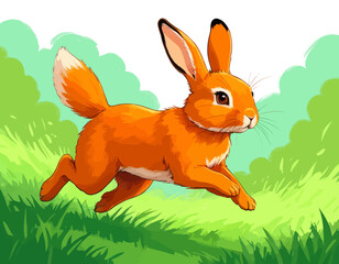 a brown rabbit running across a lush green field