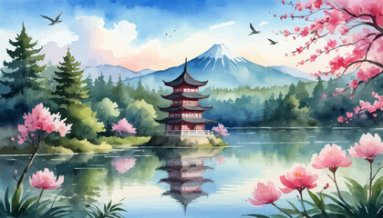 Wall Mural - a painting of a pagoda in the middle of a lake