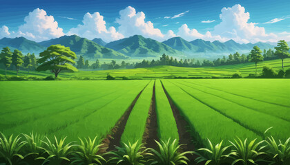 Wall Mural - a painting of a green field with mountains in the background