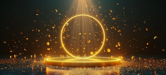 Golden podium for product presentation vector illustration. Abstract empty golden award platform with neon glowing round frame and rays