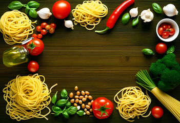 Wall Mural - pasta with tomato and basil in the wooden desk