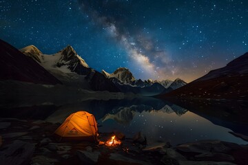 Poster - Camping Tent Under Starry Himalayan Sky with Milky Way and Lake Reflection