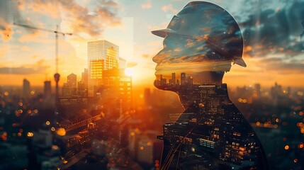 An engineer overseeing a construction project, focus on, leadership theme, dynamic, double exposure, skyline backdrop