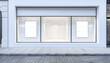 © Oleksiy - White storefront blank showcases. Empty new shop facade interior, clean signboard copy space