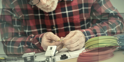 Electrician preparing an internet connection, geometric pattern