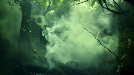 Wall Mural - Ethereal Green Smoke Floating over a Forest Scene