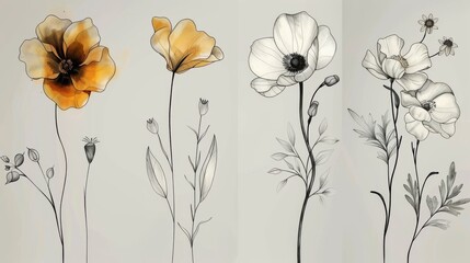 Wall Mural - Art floral elements. Hand drawn, single continuous line flowers, leaves. Use for t-shirt prints, logos, cosmetics.