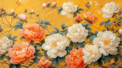 Wall Mural - A modern artdeco luxury flower line pattern with a golden background of hand drawn peonies could be used for packaging, social media, cards, banners and banners.