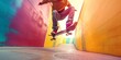 © Armin - A skateboarder performs a trick within a vibrantly colored tunnelway, creating a dynamic and energetic scene filled with movement and the essence of youthful freedom.