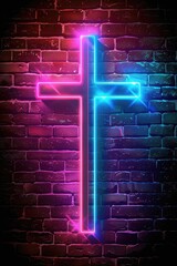 Wall Mural - A neon cross is lit up against a brick wall