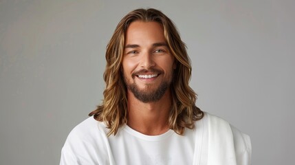 Wall Mural - A man with long hair and a beard is smiling and wearing a white shirt