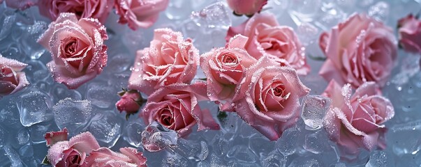 Wall Mural - background of pink roses frozen in ice water