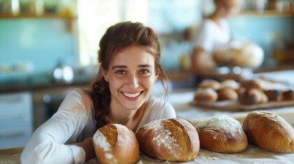 Wall Mural - Young caucasian woman baking bread smiling to camera with copyspace background