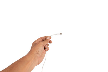 Black male hand holding a white usb c cable isolated, no background