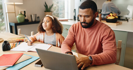 Sticker - Father, laptop and child homework or online research as multitasking parent, deadline or learning. Man, daughter and youth education or family study in apartment kitchen, remote work or notebook