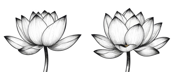 two black and white lotus flowers on a white background