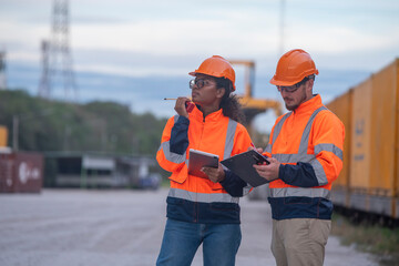 Wall Mural - Engineers railway survey wearing safety uniform under conversation document and tablet on hand inspect checking cargo containers railway work on railroad station is transportation industry concept.