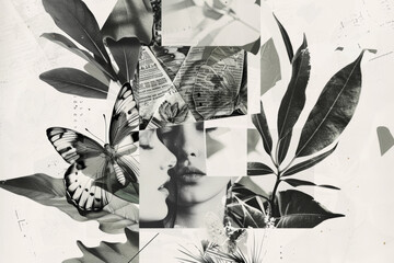 Wall Mural - Monochromatic Flora Collage with Butterfly and Faces