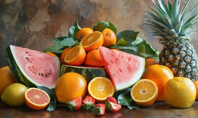 Wall Mural - Slices of watermelon with oranges and pineapple on table