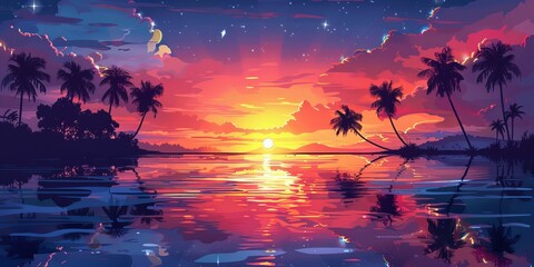 Wall Mural - Colourful Sunset on a Paradise Island with Palm Trees, Silhouettes and Glossy Reflective Water.