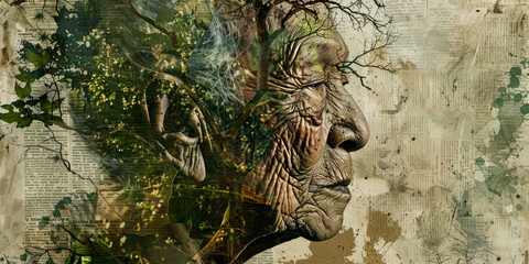 Surreal Portrait of Elderly Woman Blending with Nature and Tree Roots