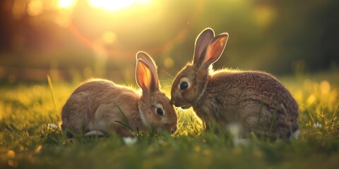 two rabbits, with soft fur and long ears, are seen sitting and interacting on the grassy ground duri