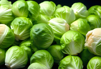 A close-up photo of a pile of Brussels sprouts on a black background