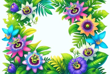 Wall Mural - A vibrant and colorful border illustration with Passionflowers, lush green leaves and other tropical flower