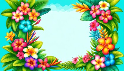 Wall Mural - A vibrant and colorful border illustration with Plumeria flowers, lush green leaves and other tropical flower