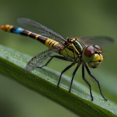 Poster - a dragonfly with a brightly colored striped body on a plant