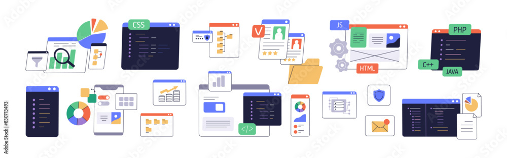 Information technology concept. Digital screens, user interfaces set for mobile app, web-site. UI designs, codes, scripts, content analytics. Flat vector illustrations isolated on white background