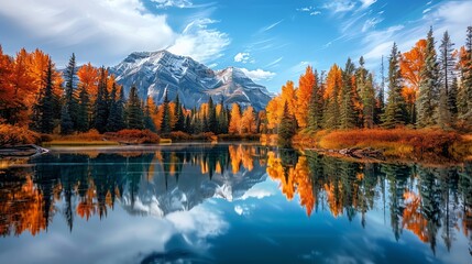 Poster - An autumn background photo with yellow trees, lake and snowy mountains.