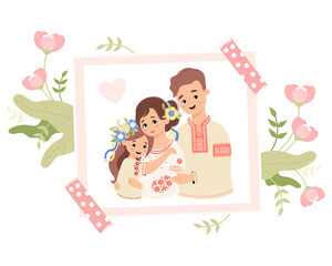 Wall Mural - Cute holiday photograph from happy Ukrainian family with flowers. Father, mother and daughter with floral wreath with yellow-blue ribbons in traditional embroidered clothes. Vector illustration