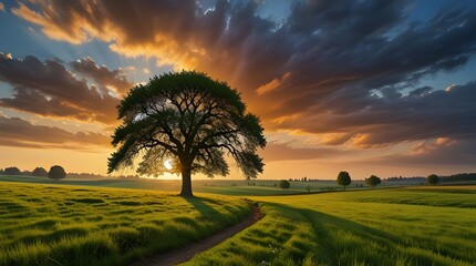 Tranquil panoramic rural landscape scenery in an early summer morning after sunrise, with a tree on green meadows and colorful clouds in the gold and blue sky  