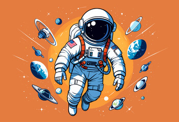 Wall Mural - an astronaut in a space suit surrounded by planets