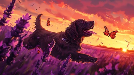 Canvas Print - A young black dog runs through a field of lavender at sunset. The lavender is in full bloom and the dog is chasing butterflies.