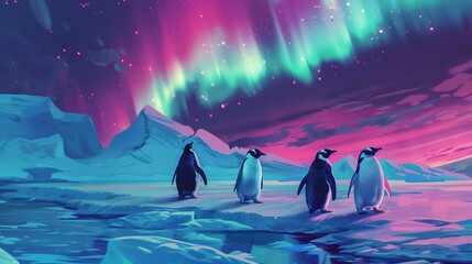 Sticker - Four penguins standing on the ice in Antarctica with a beautiful aurora australis in the sky.