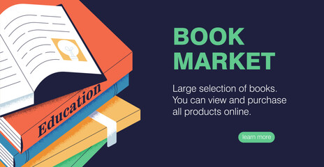 Book market, store, web banner design. Literature sale promo card background. Education template for online webpage. Bookstore, landing page template. Flat graphic vector illustration for website