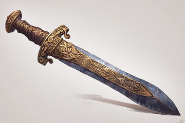 detailed image of an ornate antique dagger with an engraved blade and decorative hilt