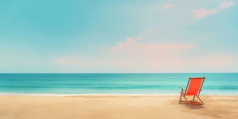 Wall Mural - Sunny beach with blue waves, white sand with a lounge chair for relaxing and clear skies.
